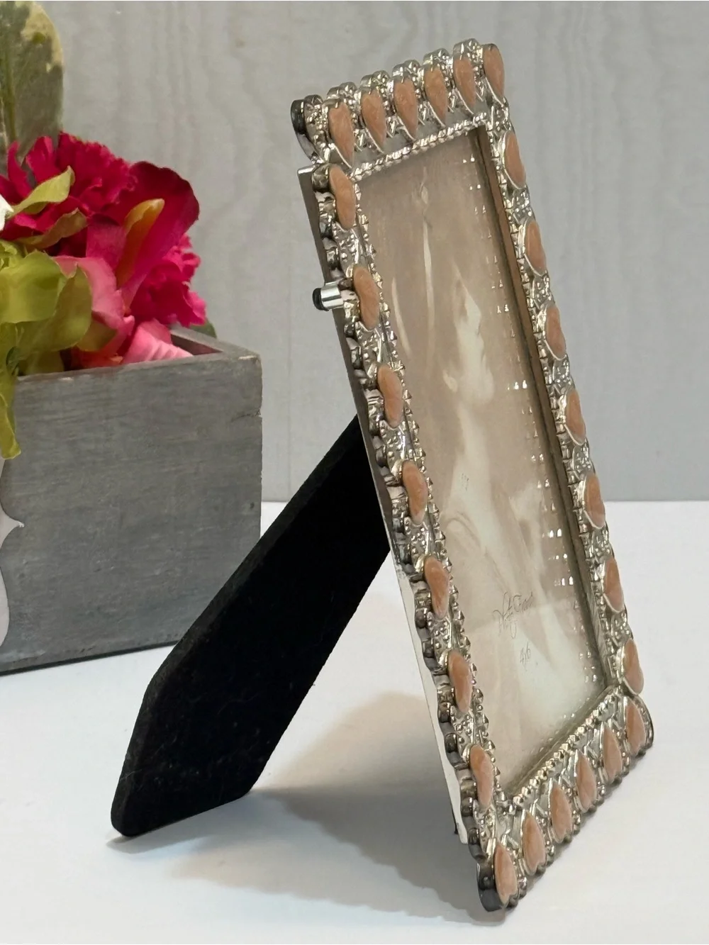 Ornate Silver & Pink Enamel Heart Picture Frame 4x6 Vintage Style Romantic